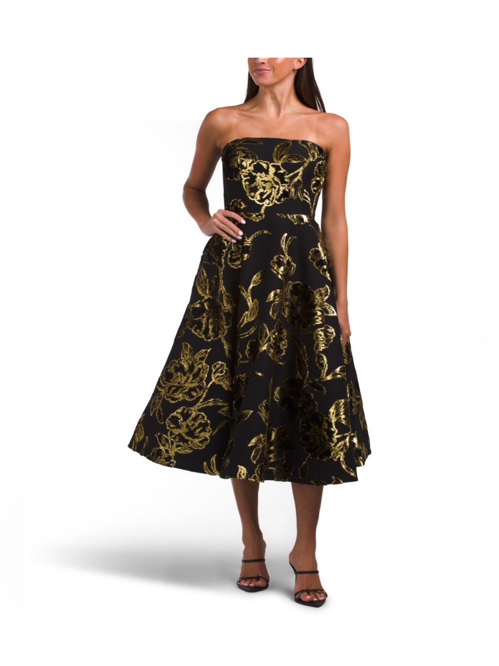 Helsi strapless black midi dress with gold metallic floral accents.